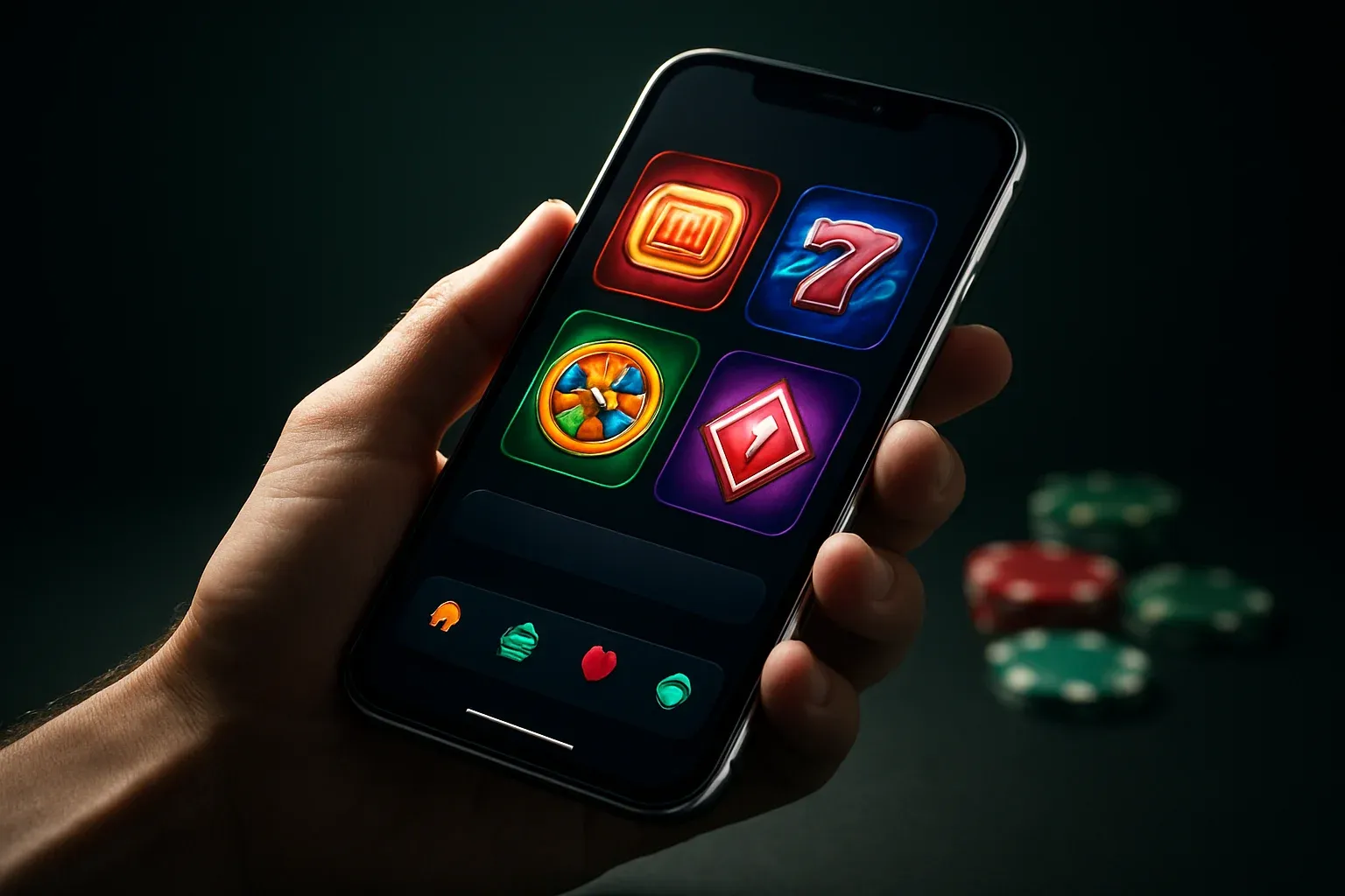 Hyperrealistic Android smartphone showing premium casino app interface, dramatic lighting