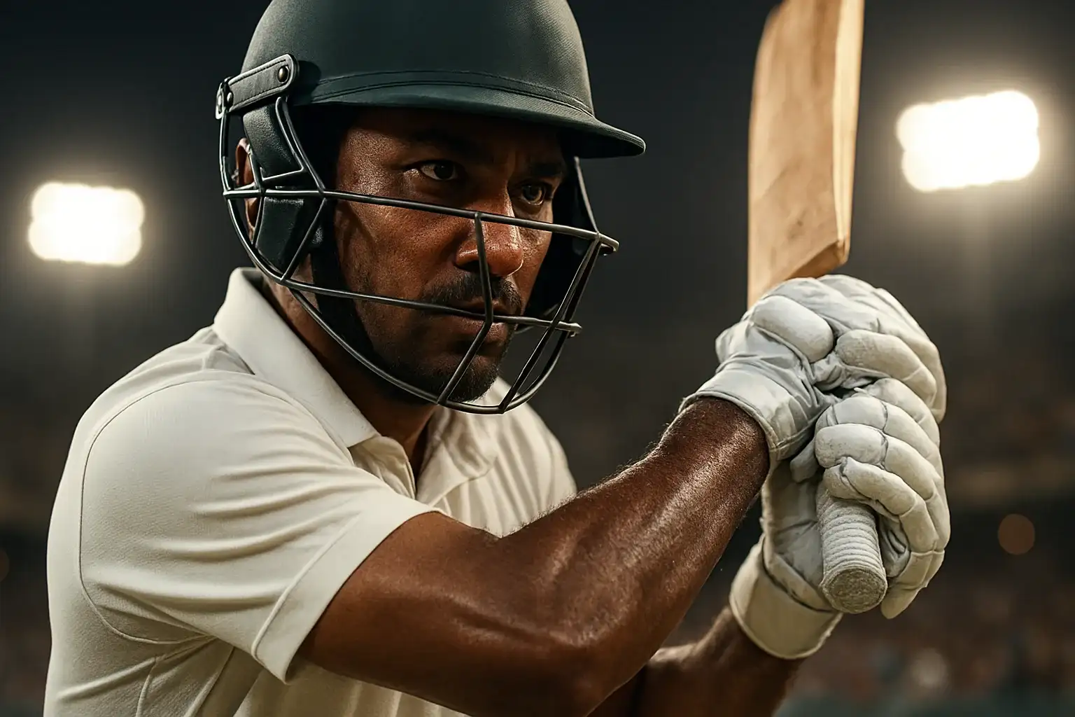 Hyperrealistic close-up of Bangladeshi cricket batsman swinging under stadium floodlights