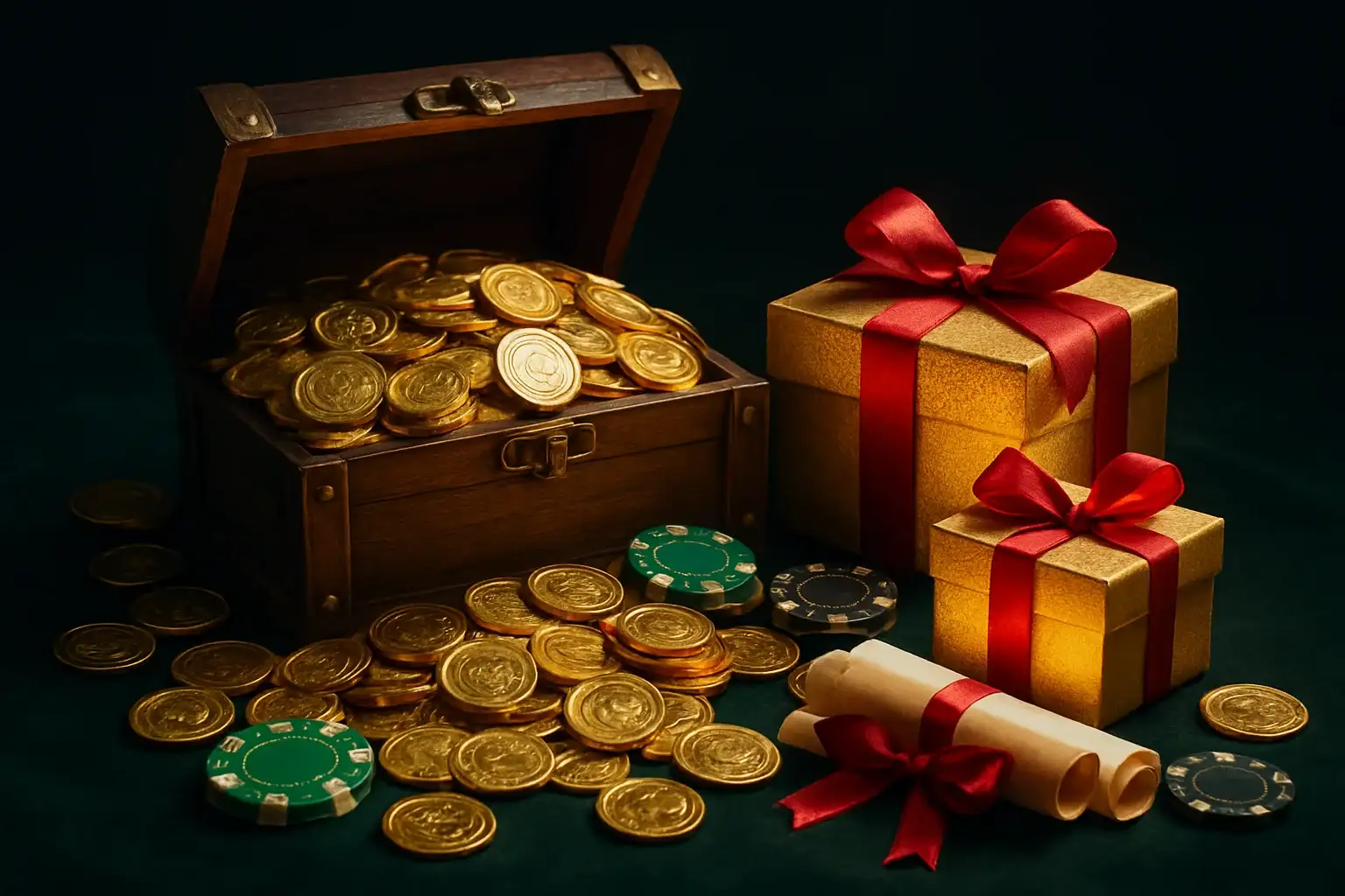 Overflowing treasure chest with gold coins, casino chips, bonus vouchers, gift boxes