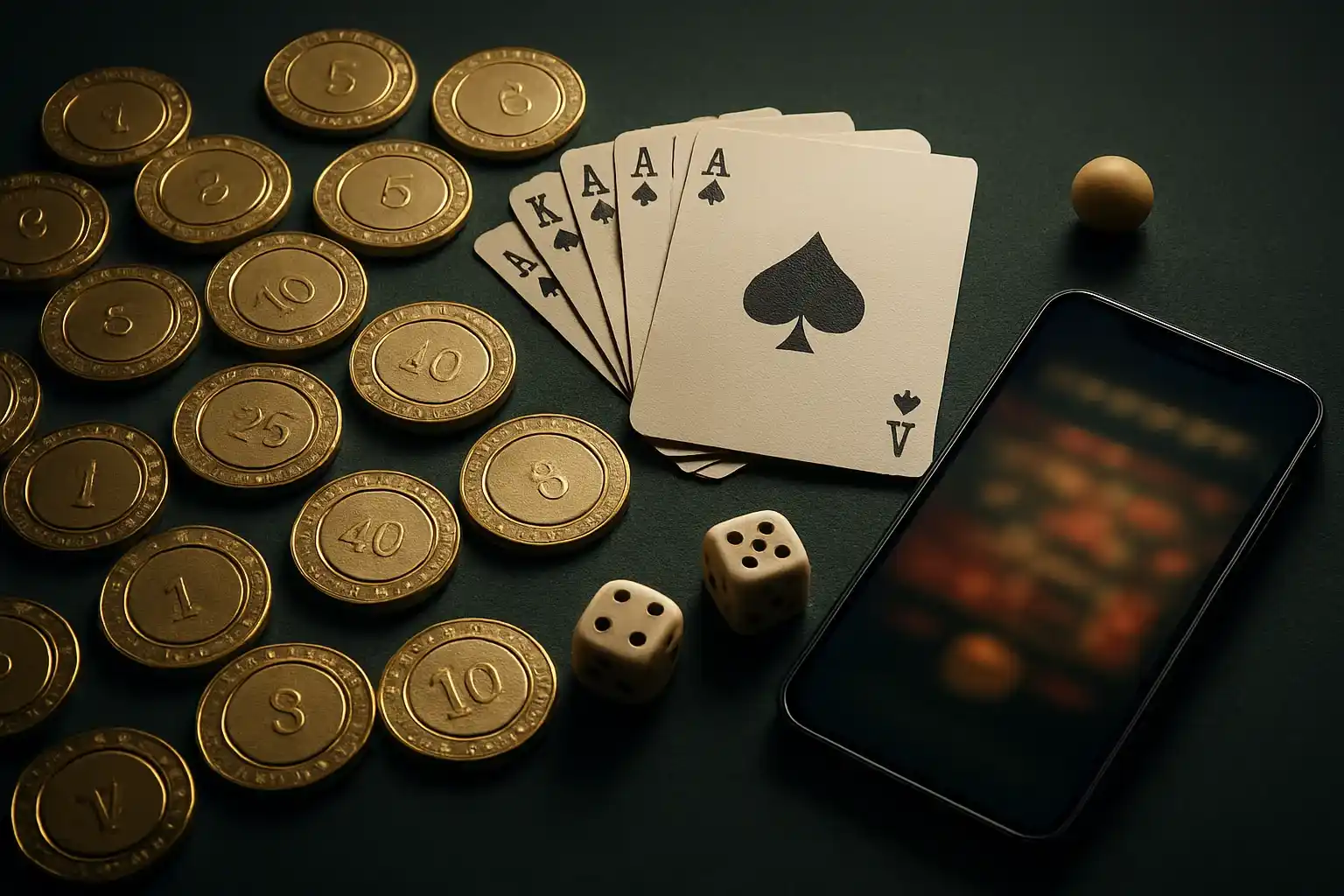 Top-down casino table with golden chips, cards, dice, roulette ball, smartphone