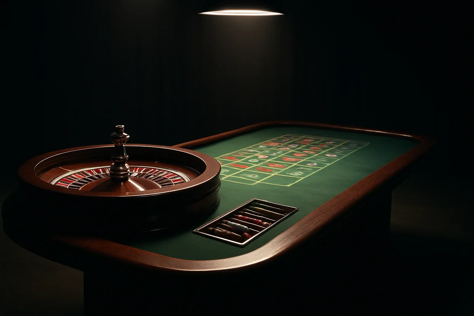 Hyperrealistic wide shot of empty roulette table in premium live casino studio