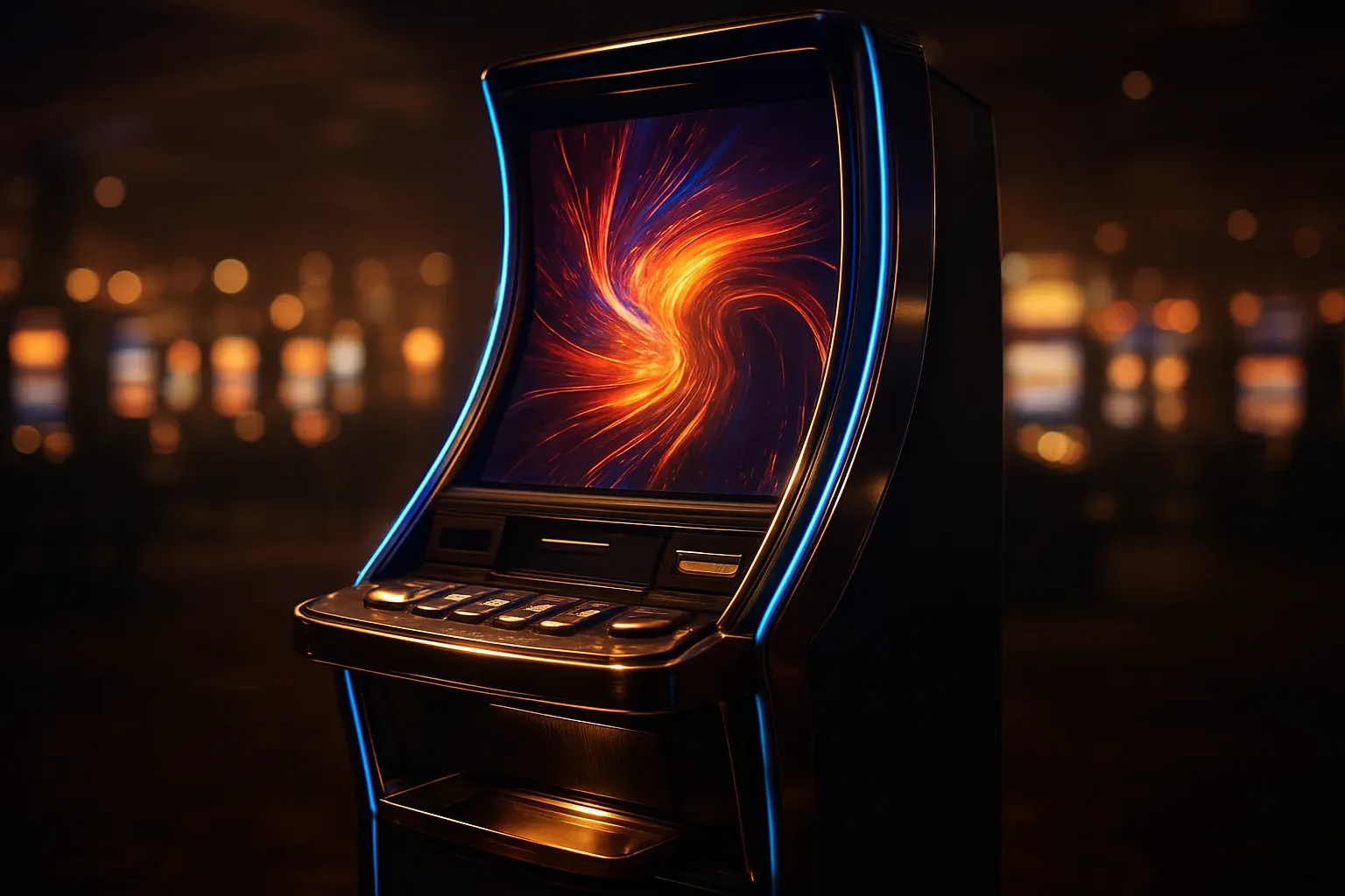 Hyperrealistic premium slot machine in dark luxury casino with neon lighting